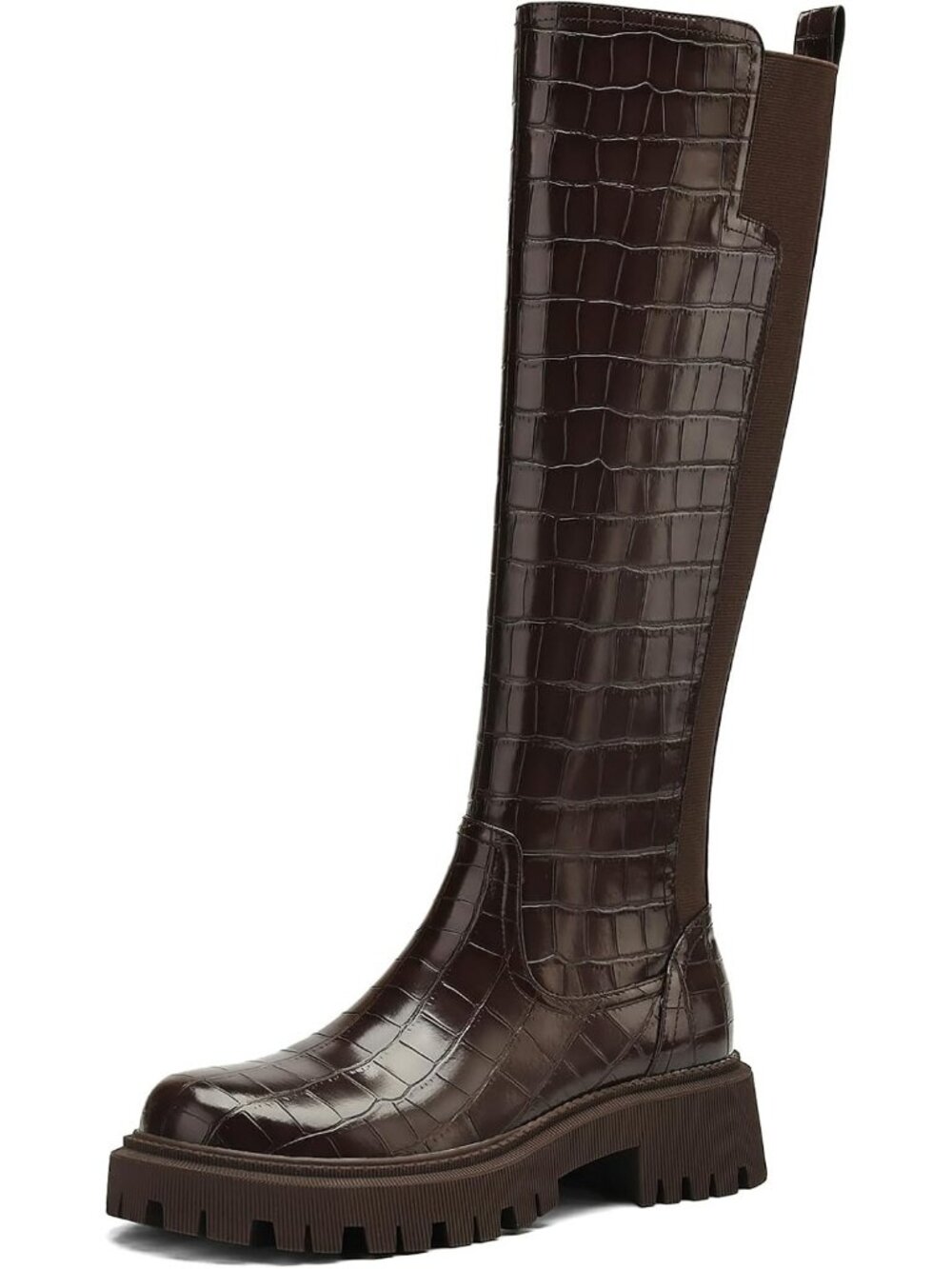 Women's Stone Pattern Brown Platform Chunky Block Low Heel Tall Knee High Boot